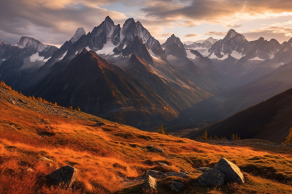 A mountain range with snow covered peaks