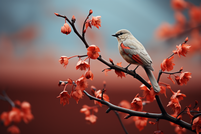 A bird on a branch with flowers