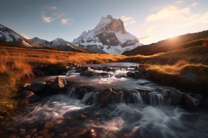 A river flowing through a valley with snow covered mountains