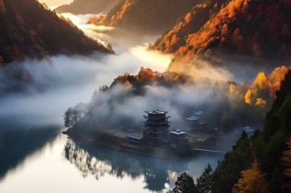 A building on a small island surrounded by fog