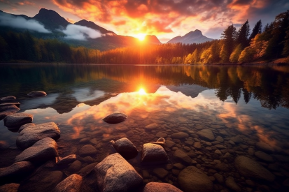 A lake with rocks and mountains in the background