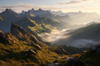 A mountain range with fog and clouds