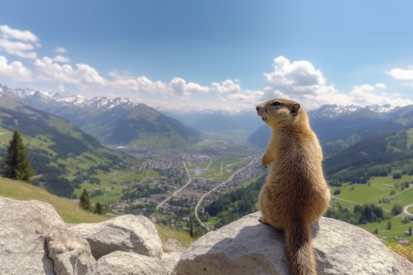 A squirrel sitting on a rock looking at a city