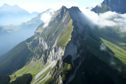 A mountain with clouds and grass