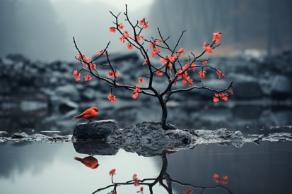 A bird on a rock in water