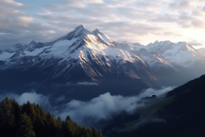 A snowy mountain tops with trees and clouds