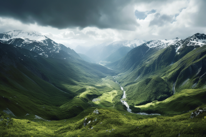 A valley with a river running through it