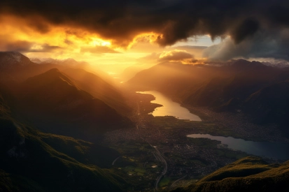 A sunset over a valley with a river and mountains