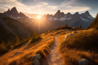 A dirt path leading to a mountain range