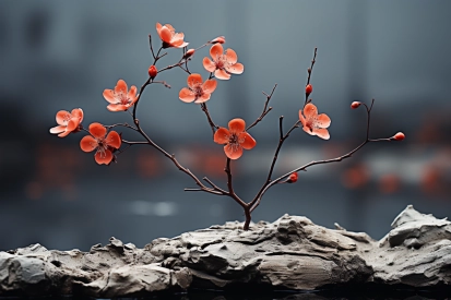 A small tree with pink flowers growing on a rock