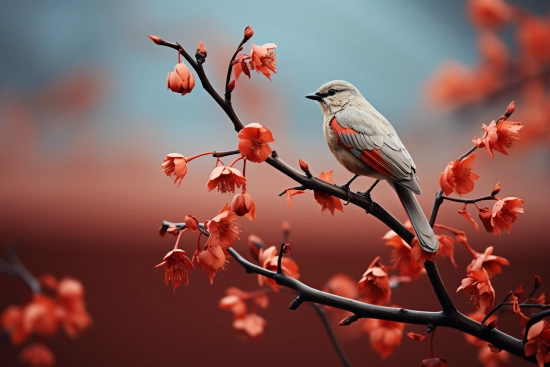 A bird on a branch with flowers