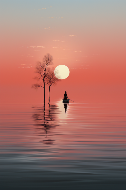 A person in a boat in the water with a tree and a sunset