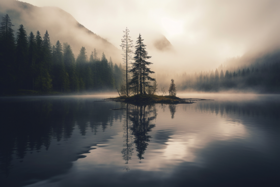 A small island in a lake with trees and fog