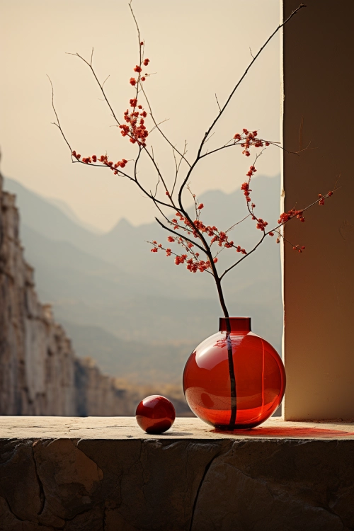 A red vase with a branch in it and a ball in front of a window